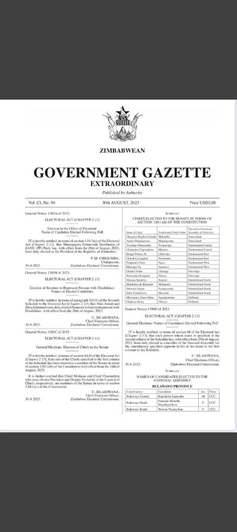 Zimbabwe Gazette on Election Outcome